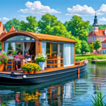 A serene scene of a charming houseboat gently floating on a picturesque Polish lake, surrounded by lush greenery and vibrant wildflowers. The houseboat is adorned with colorful potted plants and cozy outdoor furniture, while a family enjoys a peaceful afternoon, fishing, reading, and basking in the beauty of nature. In the background, traditional Polish architecture is visible near the water's edge, highlighting the unique blend of modern living and cultural heritage.