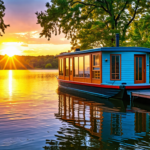 An idyllic scene of a charming houseboat for sale, moored on a serene lake surrounded by lush greenery and tall trees. The houseboat is painted in vibrant colors with large windows offering a view of the tranquil water. A 'For Sale' sign is prominently displayed on the dock next to the boat. The setting sun casts a golden glow over the peaceful landscape, creating a warm and inviting atmosphere.