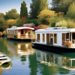 Create an image showcasing a scenic lakeside view with several stylish houseboats floating peacefully on the water. Include a person examining a houseboat brochure while standing on a dock, and another individual speaking with a friendly houseboat sales representative. Ensure the houseboats vary in size and design, reflecting the joy and satisfaction of making a well-informed purchase decision. Include touches of greenery and clear blue skies to emphasize a perfect day for buying a houseboat.