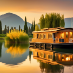 A picturesque scene of a cozy houseboat floating on a serene lake during a golden sunset. The houseboat is adorned with charming, rustic decor and potted p