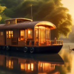 A serene, picturesque river surrounded by lush green forests. A charming houseboat with a rustic design, peacefully floating on the water with people on bo