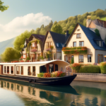 Create an image of a charming houseboat sailing down the picturesque Rhine River. The houseboat should have a cozy, lived-in appearance, with potted plants