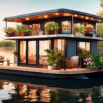 Create an image of a stylish houseboat exterior with creative design elements. The houseboat is docked on a picturesque lake surrounded by lush greenery. T