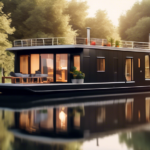 A serene image of a modern houseboat floating on a calm lake, surrounded by nature. The houseboat is equipped with all the amenities: a cozy living area wi