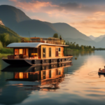 A serene houseboat floating on a calm river during a beautiful sunset, surrounded by lush greenery and distant mountains. On the deck, a family is enjoying