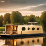 A serene scene of a modern houseboat gently floating on a calm river in Germany. The houseboat is comfortably equipped for camping with a cozy outdoor seat