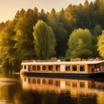 A picturesque scene of a charming houseboat cruising along a tranquil river in Germany, surrounded by lush green forests and quaint villages with tradition