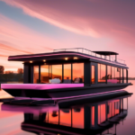 A sleek and stylish houseboat with cutting-edge design features, floating on a serene lake at sunset. The houseboat has large glass windows, a rooftop deck