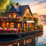 Create a vibrant and detailed image of a charming houseboat cruising along a picturesque German river. The houseboat should feature a cozy living area with