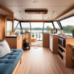 A cozy and stylish houseboat interior with modern decor and clever space-saving solutions, featuring a comfortable living area with large windows overlooki