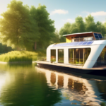 A modern houseboat floating on a serene river, equipped with solar panels on its roof and a small wind turbine. The scene features lush green banks with tr