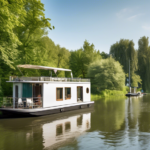 A serene river with a modern houseboat cruising peacefully, surrounded by lush green trees on the riverbanks. The houseboat features an outdoor deck where