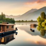 A serene scene of a beautifully designed houseboat floating on a calm lake at sunrise. The houseboat features a cozy deck with fishing rods set up, a coupl