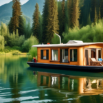 A picturesque scene of a cozy houseboat floating on a serene lake, surrounded by lush green trees and mountains in the background. The houseboat is spaciou