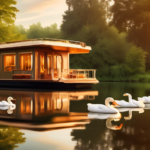 A serene scene of a beautifully designed houseboat floating on a calm lake, surrounded by lush greenery and serene forests. The houseboat features cozy out