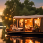 A cozy, romantic houseboat floating gently on a serene lake, surrounded by lush green trees and a golden sunset. A couple is seen on the deck, wrapped in a