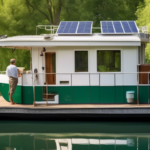 A serene houseboat docked on a peaceful lake, with a person checking its structural integrity and maintenance checklist in hand. The houseboat shows variou