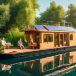 A beautiful wooden houseboat floating serenely on a calm lake, surrounded by lush green trees and clear blue sky. The houseboat is eco-friendly with solar