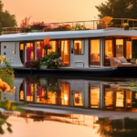 A serene scene of a luxurious houseboat hotel floating on a calm river at sunset. The houseboat features large panoramic windows, modern decor, and a cozy