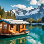 A picturesque scene of a charming wooden houseboat floating on a crystal-clear alpine lake, surrounded by majestic snow-capped mountains. The houseboat has