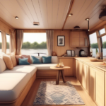 Create an image of a beautifully designed houseboat interior. The scene should include cozy and modern furniture, clever space-saving solutions, and nautic