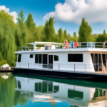 A picturesque scene of a family enthusiastically inspecting a modern houseboat docked at a lush marina. The houseboat features large windows, a spacious de