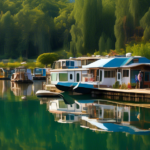 A serene lakeside setting with a variety of used houseboats docked, featuring people inspecting and discussing the boats. The atmosphere is tranquil with c