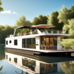 An idyllic scene of a brand new, modern houseboat docked on a calm river, surrounded by lush greenery and blue skies. The houseboat features sleek design e