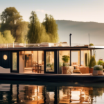 A cozy and modern houseboat floating on a serene lake under a bright, clear sky. The houseboat features large windows, a spacious deck with comfortable sea