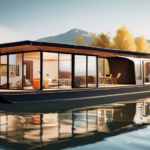 Create an image of a modern houseboat anchored on a serene lake, with a picturesque landscape in the background. The houseboat features a contemporary desi