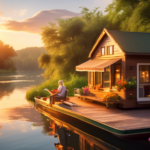 A cozy houseboat floating gently on a serene river surrounded by lush greenery and colorful flowers. A person on the deck is sipping coffee while reading a