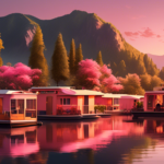 A picturesque scene of a houseboat marina on a tranquil lake during sunset, with houseboats gently rocking on the water, surrounded by lush greenery and di