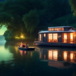 A cozy houseboat floating gently on a serene lake at dusk, with soft, warm lights glowing from the windows. The boat is surrounded by tranquil water and lu