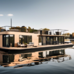 A modern houseboat floating on a serene lake, showcasing sleek architecture with large windows and a minimalist design. The exterior features clean lines a