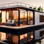 A stylish, modern houseboat on a serene lake during sunset, showcasing sleek Scandinavian-inspired architecture. The houseboat features large panoramic win