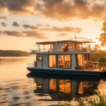 A cozy houseboat gently floating on the serene waters of the Baltic Sea, surrounded by picturesque coastal scenery with lush green trees and quaint seaside