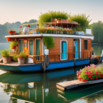 A serene, picturesque houseboat anchored on a calm lake with a clear blue sky in the background. The boat is beautifully maintained with clean decks, polis