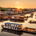 A scenic view of various houseboats docked along a peaceful river, with price tags floating above each one to indicate different costs. In the background,