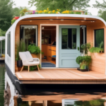 A beautifully renovated houseboat docked at a serene lakeside, showcasing modern interiors through its large windows. The exterior features fresh paint, po