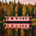 A serene scene of a houseboat gently floating on a clear, peaceful lake surrounded by lush greenery and dense forests in Sweden. The houseboat is warmly li