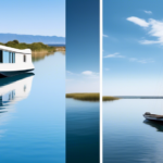 A scenic split image showing a peaceful houseboat on a calm river on one side, and a sleek sailboat gliding across the open sea on the other side. Both set