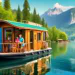 A serene scene of a family sailing a charming, rustic houseboat on a tranquil lake surrounded by lush green forests and distant mountains under a clear blu