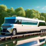 A sleek, modern houseboat being efficiently transported on a specialized trailer by a large towing truck, traveling on a scenic highway along a river. The