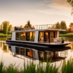 A picturesque scene of a stylish, modern houseboat floating on a serene river at sunset. The boat features large windows, a small garden on the deck, and c