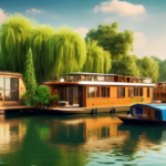 A scenic riverside view featuring various types of houseboats. Include modern floating homes with large windows, rustic wooden houseboats with traditional