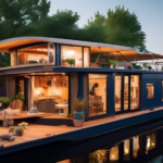 A cozy houseboat docked by a serene waterfront, undergoing a stylish renovation. Diverse tools and building materials are scattered around, with people eng