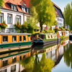 A scenic image of a beautiful canal in Germany with charming houseboats docked along the sides. The scene includes peaceful water reflections, vibrant gree