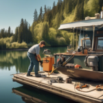 A serene scene of a houseboat docked by a calm lakeshore on a sunny day, with a person wearing work gloves and holding a wrench, tightening bolts on the de