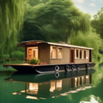 A picturesque scene of a houseboat floating on a serene lake surrounded by lush greenery. The water level is notably higher than usual, partially submergin