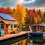 A colorful and inviting houseboat docked beside a serene lake, with a person actively working on weatherproofing it using tools and materials. The boat has